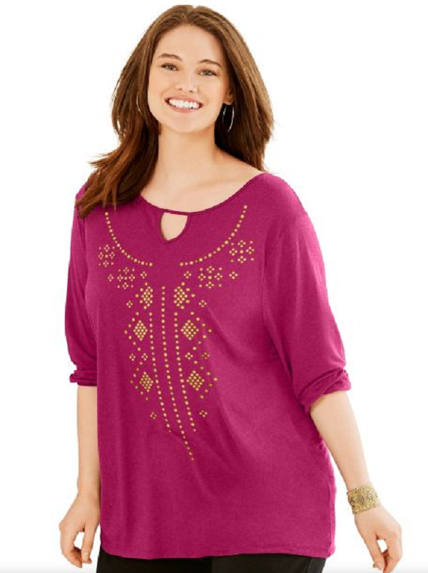  Just My Size Graphic 3/4 Sleeve Key Hole Neckline Fluid Drape Tunic Top... - $4.95