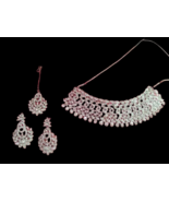 White Austrian Diamond Necklace Set Earrings Maangtika  - $55.07 CAD