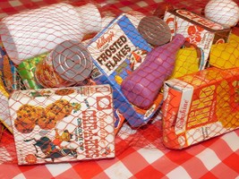 VINTAGE Play Food Faux Food Boxes Eggs Jello Apple Jacks Crackers Juice Dog Bone - £97.08 GBP