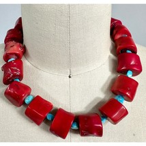 Huge Chunky Natural Red Coral &amp; Turquoise Sterling Choker Necklace 20&quot; - $873.18