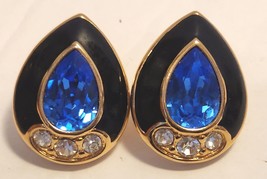 Monet Pierced Earrings Black Enamel Pear Shaped Blue and Crystal Rhinestones - £31.23 GBP