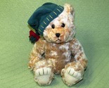 VINTAGE CHOSUN CHRISTMAS TEDDY BEAR 11&quot; TAN WITH GREEN SANTA HAT PLUSH S... - $10.80