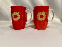 Bintage Red Porcelain Holiday Joy Mugs with 24k Gold Trim-Set of 4 - £78.16 GBP