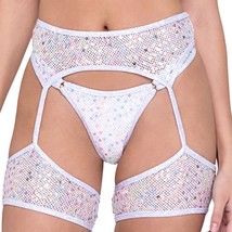 Sequin Fishnet Garter Belt Iridescent Trim Wide Straps Dance Rave White ... - £29.94 GBP