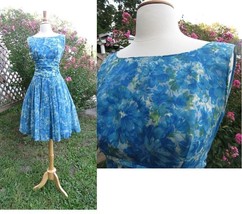 Vtg 1950s Teal/Blue Floral silk organza fit flare pin up cocktail dress ... - £77.55 GBP