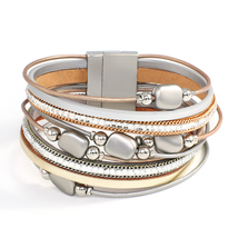 Amorcome Mullti Row Grey Acrylic Beads Genuine Leather Wrap Bracelets for Women  - £11.99 GBP