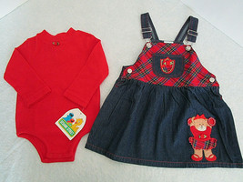 Toddler Girl 24 mo. OUTFIT Denim Jumper &amp; Red Long Sleeve Sweater Romper NEW - £14.34 GBP