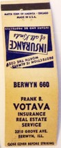 Illinois Matchbook Cover Berwyn Frank Votava Insurance Real Estate Service - $1.38