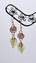 Handcrafted Copper Wire Rose Boho Earrings with Green Leaf Charms - £9.69 GBP