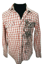 American Rag Shirt Men&#39;s Size Medium Red Plaid Pearl Snaps Long Sleeves Graphics - £13.45 GBP