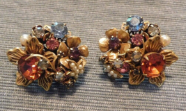 CORO Early Vintage Rhinestone &amp; Faux Pearl Gold Tone Earrings Patent Pend EUVC - £103.55 GBP