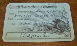 1954 UNITED STATES SENATE CHAMBER GUEST PASS SIGNED PA SENATOR EDWARD MA... - £27.62 GBP