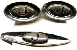 &quot;J&quot; Initial Shields Set Engraved Letter Oval Silver T Personalized Cufflinks Vtg - £38.93 GBP