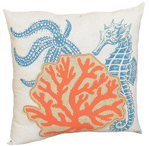 18&quot; X 18&quot; Blue and Orange Seahorse Coastal Polyester Pillow With Applique - £44.30 GBP