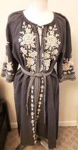 Johnny Was 100% Linen Embroidered Belted Dress Sz-L Gray - £157.31 GBP
