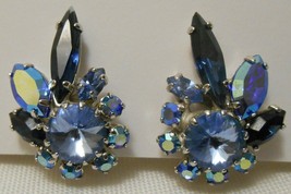 Sherman Vintage Rhinestone Earrings Clip On Shades Of Blue Round &amp; Marquise - £25.91 GBP