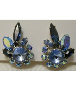 SHERMAN Vintage RHINESTONE EARRINGS Clip On Shades of Blue Round &amp; Marquise - £25.91 GBP