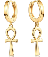 Coptic Ankh Cross Huggie Hoop Earrings Women Men 18K Gold Plated Dainty ... - £52.72 GBP