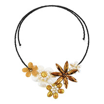 Wild Autumn Flower Bouquet Mother of Pearl and Yellow Agate Choker Wrap Necklace - £20.48 GBP