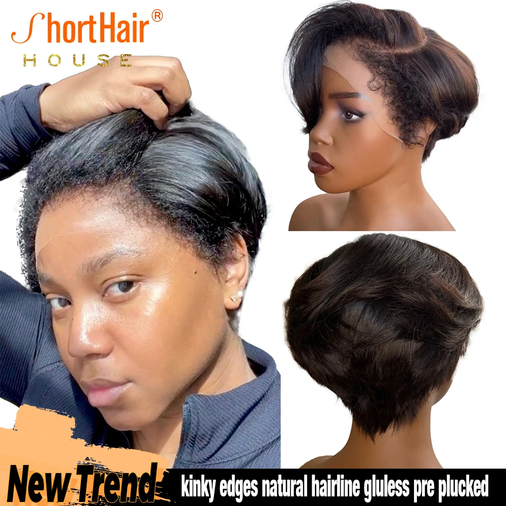 Pixie Cut Human Hair Wigs With Curly Baby Hair Transparent 13x4 Lace Front - $67.50+