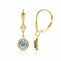 14K Yellow Gold 1.25 CTW Round Halo Aquamarine Drop Dangle Lever Back Earrings - $185.13