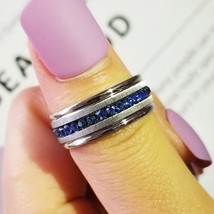 2021 New Luxury Blue Silver Color Round  Mens Ring For Men Anniversary Gift Jewe - £9.56 GBP