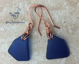 Handmade copper wire wrapped cobalt blue sea glass petal earrings - £21.63 GBP
