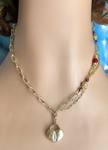 Unusual Asymmetrical Gold SS  Heart with Paper Clip Chain Accented wRed Crystals - $25.25