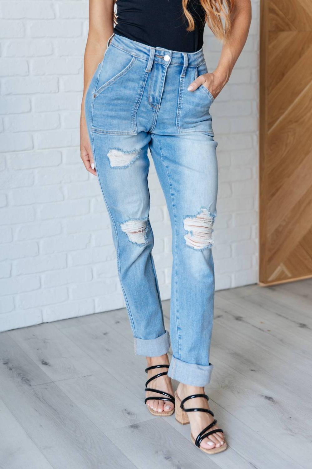 Judy Blue Aiden High Rise Patch Pocket Distressed Boyfriend Jeans Blue - $68.00
