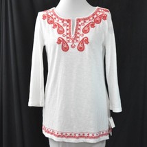 Talbots Tunic Womens XS Embroidered Red on White Cotton 3/4 Sleeve - £25.16 GBP