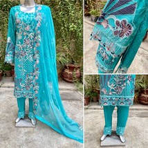 Pakistani Teal 3Pcs Fancy  Chiffon Dress with embroidery &amp; Squins work,XL#2 - £89.55 GBP