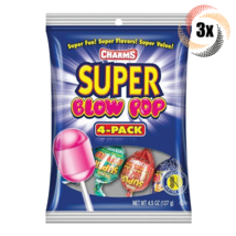 3x Bags Charms Assorted Flavors Super Blow Pops Lollipop Candy | 4 Pops Per Bag - £10.03 GBP