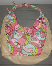 Disney shoulder bag purse pink/blue/green swirls/flowers with tan trim USED - £10.19 GBP