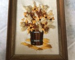 Vintage Hand Crewelling Flowers in pot On Linen Wood Frame 8 X 6 orange ... - $24.73