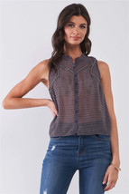 Women&#39;s Purple &amp; Multi Sleeveless Mock Neck Front Button Down Sheer Blou... - €9,74 EUR