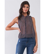 Purple &amp; Multi Sleeveless Mock Neck Front Button Down Sheer Blouse Top - $15.70 CAD