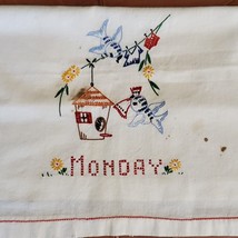 Vintage Hand Embroidery Kitchen Flour Sack Towel 18x32 Inch Monday Birds... - $16.83