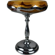 Vintage Art Deco Farber Bros. Chrome Amber Glass Stemmed Compote Dessert 8&quot; - $23.38