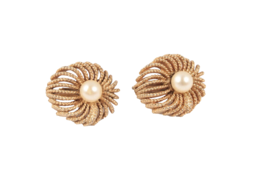 Vintage Gold Tone Faux Pearl Clip On Earrings Fireworks Design - £7.46 GBP