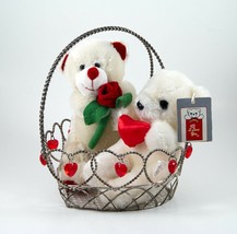 2 Plush Bears In A Wire Basket Heart Shaped With Red Plastic Hearts - $9.99