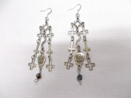 New Inverted Cross W Sugar Skull &amp; Dark Crystal Bead Super Long Alchemy Earrings - £11.81 GBP