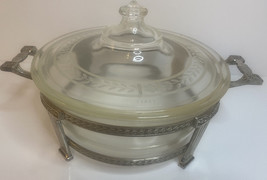 1920s Pyrex USA Clear Round Casserole Dish &amp;Etched Knob Lid &amp; Metal Cradle Stand - £37.48 GBP