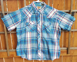 Vtg YOUNGBLOODS Authentic Western Shirt-XL-Blue Plaid-Snap Pearl Button-... - £21.22 GBP