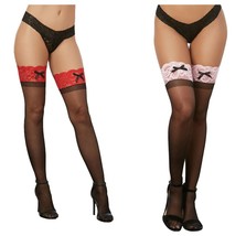 SHEER LACE CONTRAST TOP SILICONE STAY UP THIGH HIGH STOCKING &amp; BOW PINK ... - $20.52 CAD