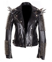 Men Silver Studded Long Spiked Jacket Leather Black Patches Spike Studs Party - £219.33 GBP