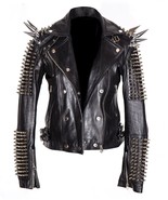 Men Silver Studded Long Spiked Jacket Leather Black Patches Spike Studs ... - $274.39