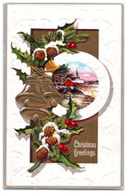 Postcard Embossed Christmas Greetings Bells Border Holly Berries Winter Church - £6.26 GBP