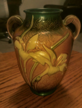Roseville Usa Art Pottery Vase Urn 134-8 Zephyr Lily Green &amp; Brown Vintage - £95.91 GBP