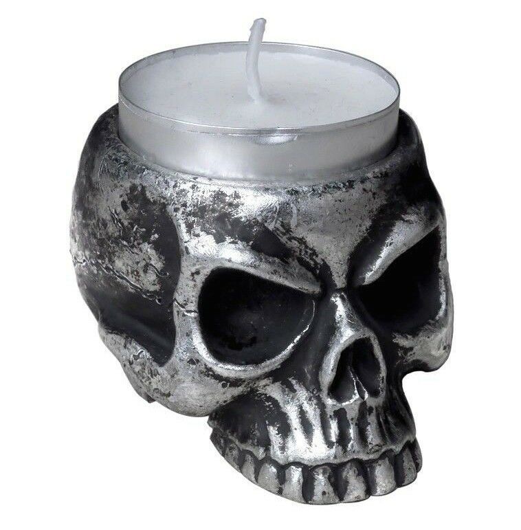 Primary image for Grimacing Skull Tea Light Antiqued Silver Resin Candle Holder V74 Alchemy Gothic