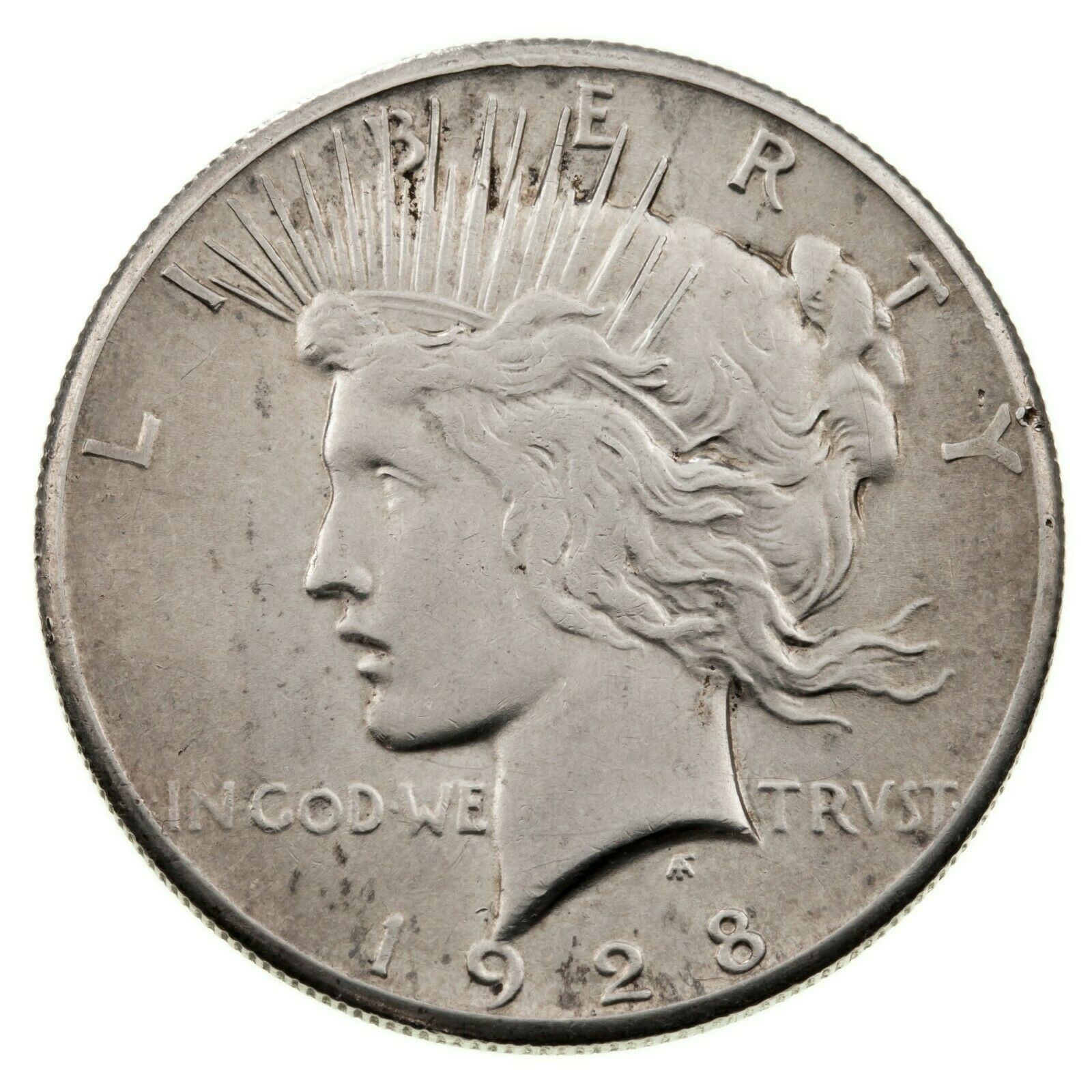 Primary image for 1928 $1 Silver Peace Dollar in AU+ Condition, Coin is UNC with minor hairlines